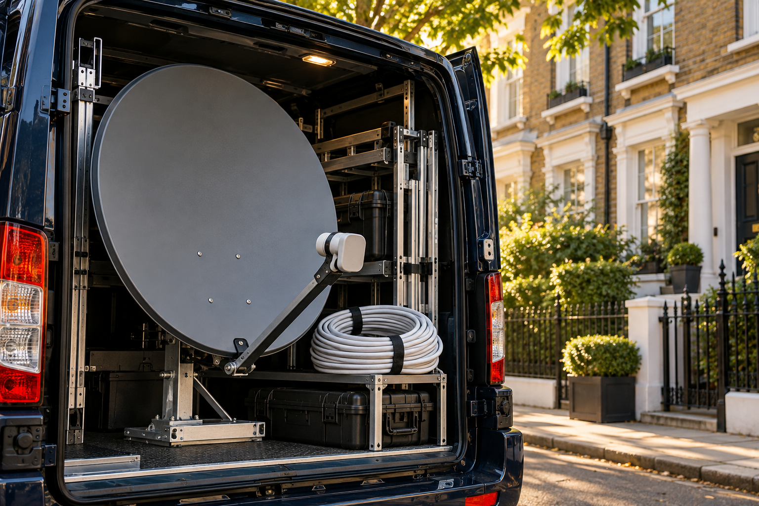 Imagine ilustrativă: antenă satelit pregătită pentru transport într-un van
